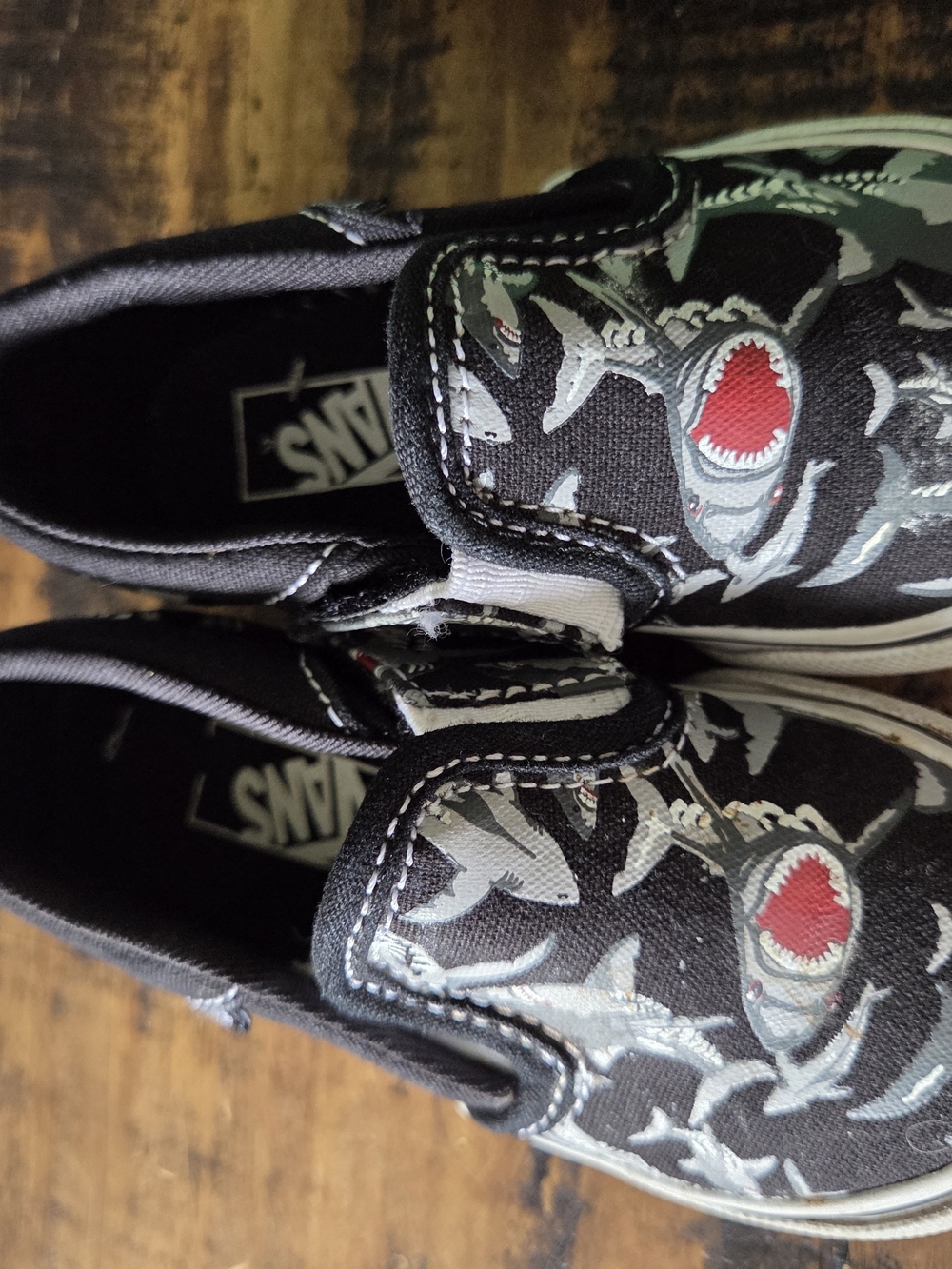 Vans Kids Black Shark Graphic Slip-On Sneakers with Red Detail